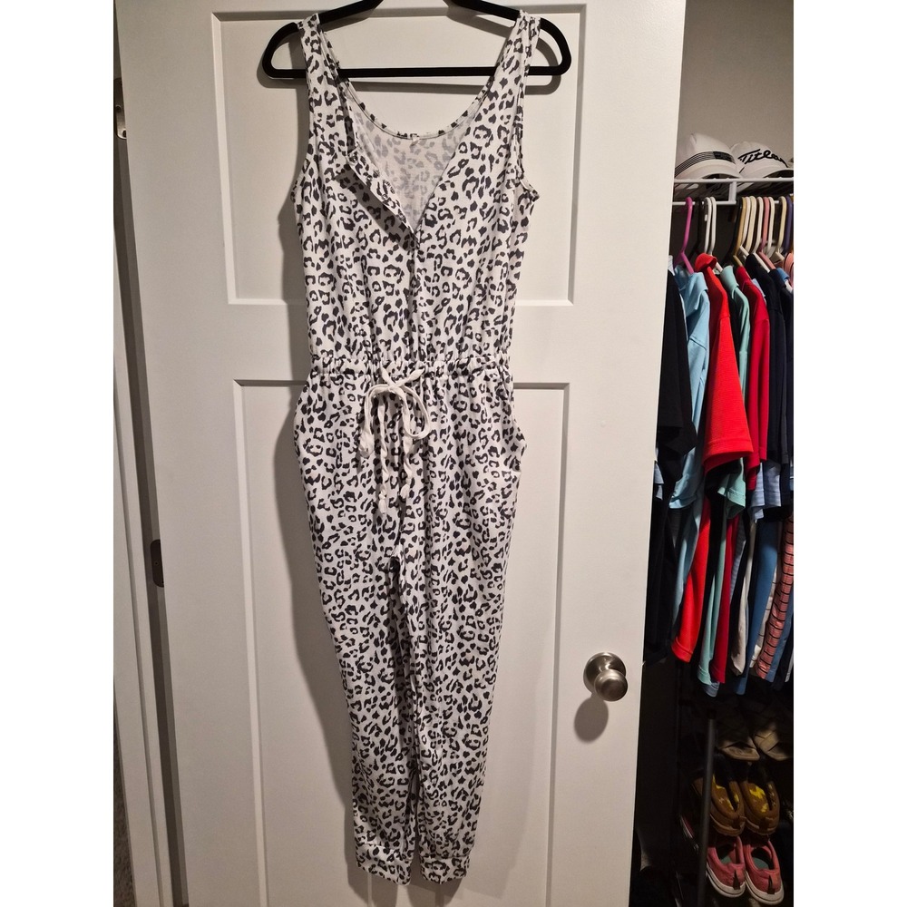 Leopard Print Sleeveless Jumpsuit Henley Drawstring Waist Jogger White Black